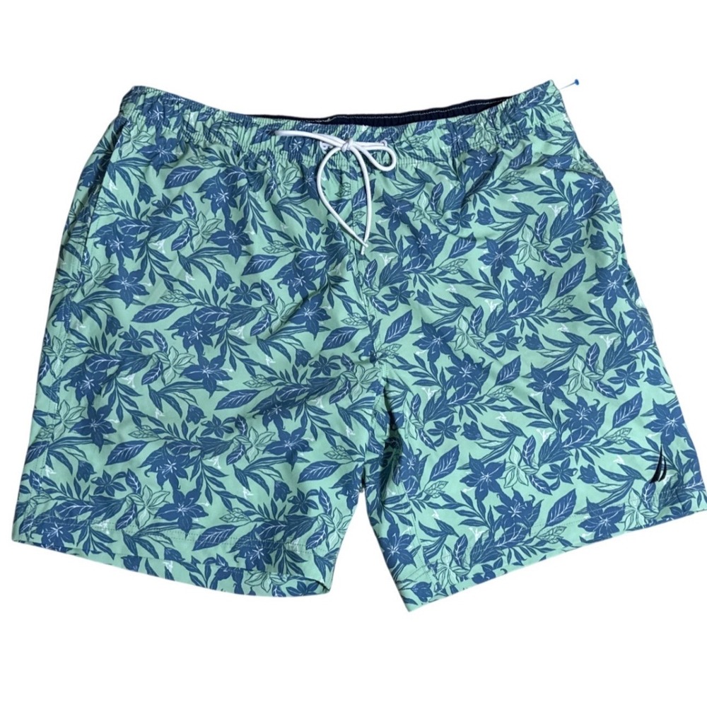 Nautica Mens XXL Swim Trunks Mint Green Blue Tropical Floral Mesh Lined Shorts